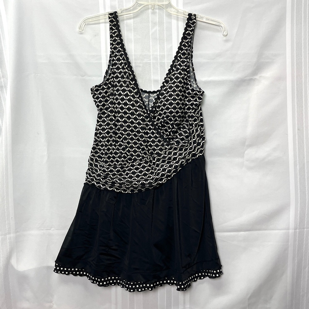 Rose Marie Reid Women Plus 22W Black White Ruffle Swim Dress Asymmetric Surplice